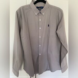 Ralph Lauren Button-Down Dress Shirt in Light Gray/Taupe with Navy Logo